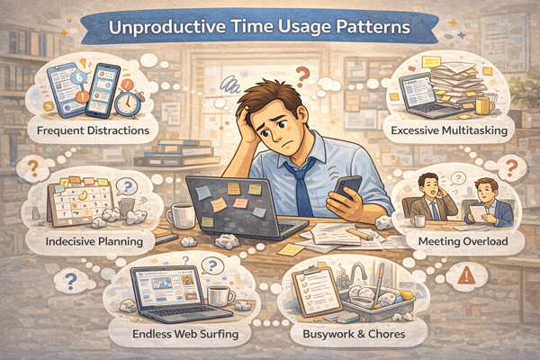 바쁜데 성과가 없는 사람들의 시간 사용 패턴을 보여주는 일상 모습