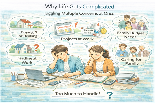 생활이 복잡해지는 이유로 여러 일을 동시에 고민하는 일상 장면