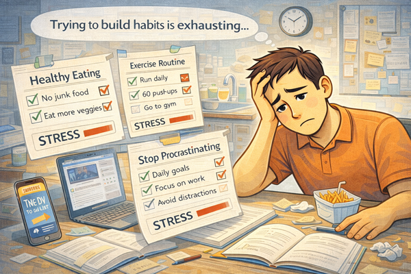 습관 형성을 시도할수록 부담이 커져 지치는 일상 모습