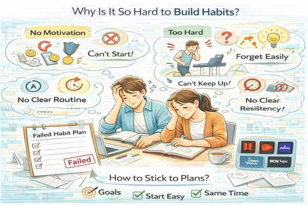 습관이 안 잡히는 이유를 고민하며 계획을 세우는 일상 모습