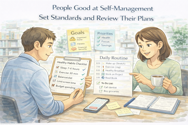 자기관리를 잘하는 사람들이 생활 기준을 정리하며 계획을 확인하는 모습