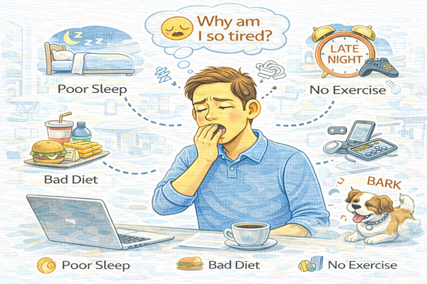 컨디션 관리가 잘되지 않아 피로를 느끼는 일상 모습