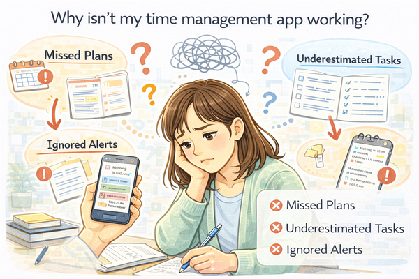 시간 관리 앱 효과 없는 이유를 고민하며 일정 관리를 확인하는 모습